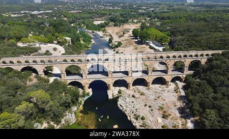 drone photo Gard bridge, Pont du Gard France Europe Stock Photo