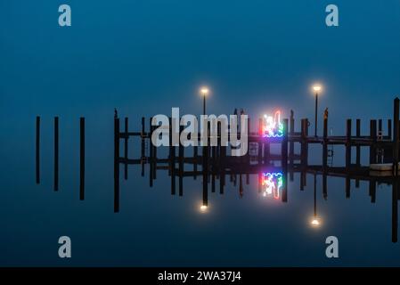 Decorated Dock on a Foggy Evening, Havre de Grace MD USA Stock Photo