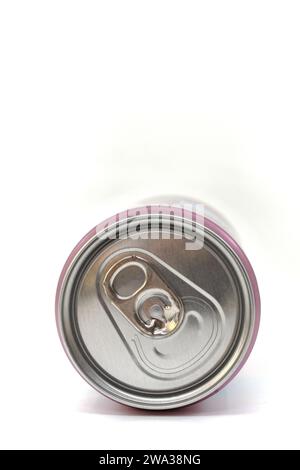 Close up view of the end of a ring pull drinks can lying on its side isolated on a white background Stock Photo