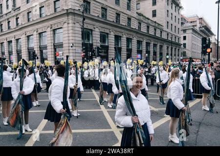 London, UK. 1st January, 2024  The New Years Day Parade takes place in Central London, featuring marching bands, borough representatives including Mayors, and communities from across the UK. The parade marks the start of a new year, and offers a wide showcase of culture and community that London represents. © Simon King/ Alamy Live News Stock Photo