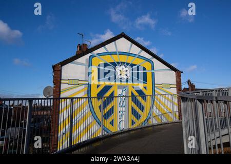 Leeds, UK. 01st Jan, 2024. A general view of an artwork mural near Elland Road Stadium ahead of the Sky Bet Championship match Leeds United vs Birmingham City at Elland Road, Leeds, United Kingdom, 1st January 2024 (Photo by James Heaton/News Images) in Leeds, United Kingdom on 1/1/2024. (Photo by James Heaton/News Images/Sipa USA) Credit: Sipa USA/Alamy Live News Stock Photo