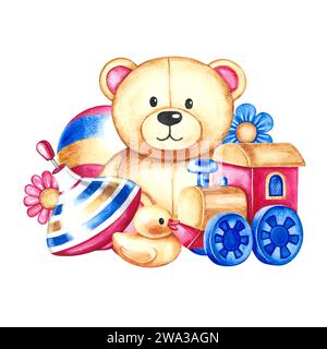 Children's toys, a teddy bear, a ball, a spinning top and a train. Handmade watercolor illustration. For the design of children's books, postcards and Stock Photo