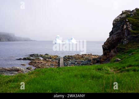 Iceberg in a bay close to a rocky shore in early summer near Twillingate Stock Photo