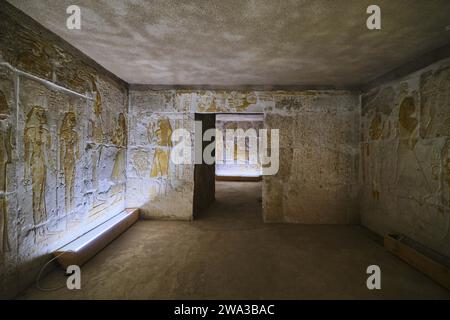 Saqqara, Egypt - January 2, 2024: Tomb of Maya who was the Treasurer of Tutankhamun and Horemheb, Dynasty 18, between 1330 and 1310 BC Stock Photo