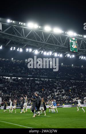 Turin, Italy. 30 December 2023. Players of Juventus FC celebrate the victory at the end of the Serie A football match between Juventus FC and AS Roma. Credit: Nicolò Campo/Alamy Live News Stock Photo