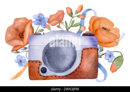 Retro photo camera with poppy flowers watercolor painting for postcard design. Vintage photographer lens with traditional floral ornament Stock Vector