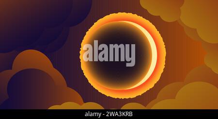 Solar eclipse dark sky shining stars event. Clouds illuminated by the sun. Astronomy observation natural phenomenon. Vector illustration Stock Vector