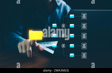 Document Management System DMS, Business processes, pointing folder icon to use technology software for management document, Smart office paperless, D Stock Photo