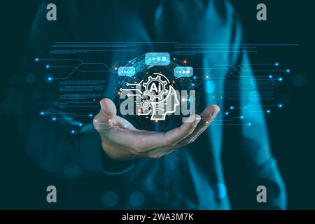 Chatbot Chat with AI tech concept, Businessman using artificial intelligence technology smart robot AI to Service and help customer online, Conversation Stock Photo