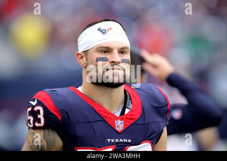 Houston, Texas, USA. 31st Dec, 2023. Houston Texans linebacker Blake Cashman (53) after halftime between the Houston Texans and the Tennessee Titans at NRG Stadium in Houston, TX on December 31, 2023. (Credit Image: © Erik Williams/ZUMA Press Wire) EDITORIAL USAGE ONLY! Not for Commercial USAGE! Stock Photo