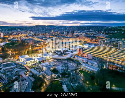 Main station, Stuttgart 21 construction site, where the new through station is being built. Night shot, aerial view, Stuttgart, Baden-Württemberg, Ger Stock Photo