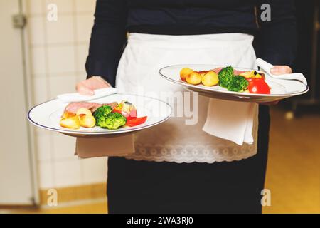 Waiter carrying two plates with meat dish on some festive event, party, wedding reception or catered event Stock Photo