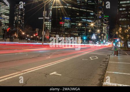 Nighttime car trails on Rene Levesque Boulevard in Montreal, Quebec, Canada Stock Photo