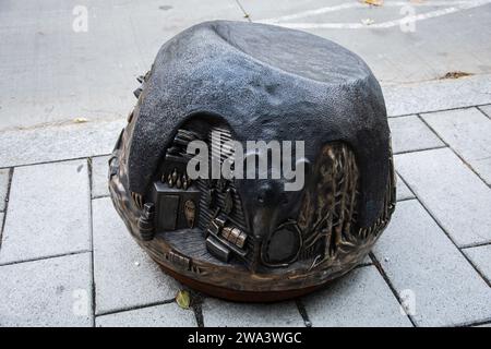 Indigenous contributions bronze sculpture on Peel Street in downtown Montreal, Quebec, Canada Stock Photo