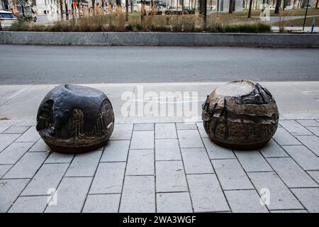 Indigenous contributions bronze sculpture on Peel Street in downtown Montreal, Quebec, Canada Stock Photo