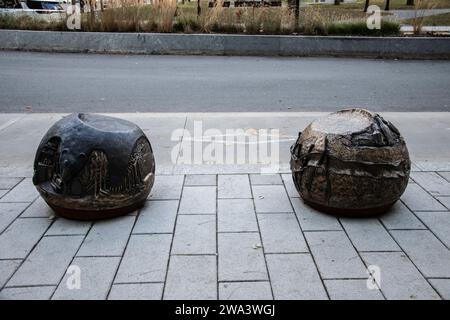 Indigenous contributions bronze sculpture on Peel Street in downtown Montreal, Quebec, Canada Stock Photo