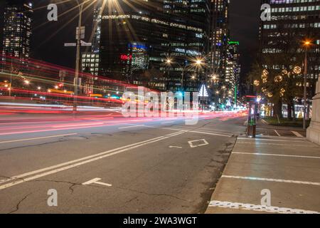 Nighttime car trails on Rene Levesque Boulevard in Montreal, Quebec, Canada Stock Photo