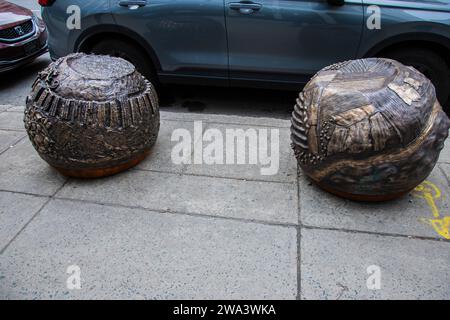 Indigenous contributions bronze sculpture on Peel Street in downtown Montreal, Quebec, Canada Stock Photo