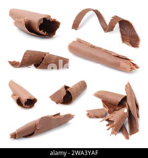Many chocolate curls isolated on white, collection Stock Photo