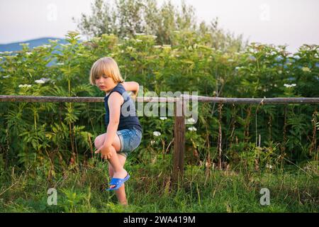 Little boy playing outdoors in countryside on a warm nice day Stock Photo