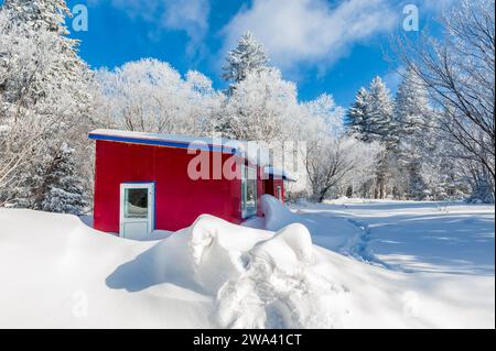 Red house in Lao Rik lake at the junction of Helong city and Antu County, Yanbian Korean Autonomous Prefecture, Jilin Province, China. Stock Photo