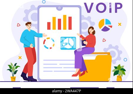 VOIP or Voice Over Internet Protocol Vector Illustration with Telephony Scheme Technology and Network Phone Call Software in Flat Background Stock Vector
