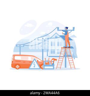 Carpenter, plumber and electrician services, building maintenance, sewer and drain repair, home automation, woodwork abstract metaphor. flat vector mo Stock Vector