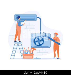 Air Conditioner Repair or Installation Illustration with Unit Breakdown, Maintenance Service, Cooling System. flat vector modern illustration Stock Vector