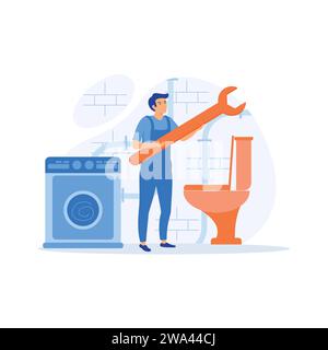 Carpenter plumber and electrician services building maintenance sewer and drain repair home automation woodwork abstract metaphor. flat vector modern Stock Vector