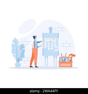 Plumber worker repairs broken water heater. flat vector modern illustration Stock Vector