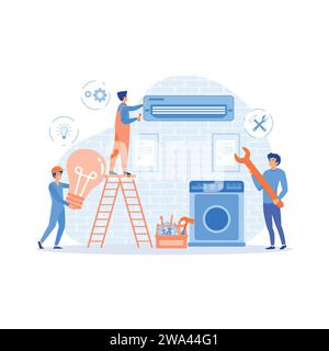 Happy servicemen repairing machines at home flat vector illustration. flat vector modern illustration Stock Vector