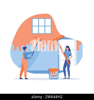 Young couple man and woman standing backwards painting wall in new apartment in yellow vector illustration. flat vector modern illustration Stock Vector