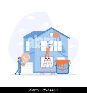 Home renovation workers. Repairman team building house. lat vector modern illustration Stock Vector