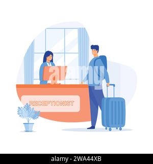 Hotel service. Receptionist provide information to people, Reception hall with woman receptionist flat vector modern illustration Stock Vector