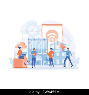 Smart home. internet wi-fi, data transfer, communication, connecting apartment buildings to the internet, control via tablet, flat vector modern illus Stock Vector