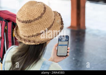 CHIANG MAI, THAILAND - DECEMBER 20, 2023: Facebook social media app logo on log-in, sign-up registration page on mobile app screen on iPhone 14 Pro in Stock Photo