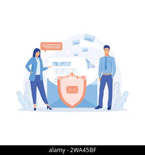 People stand near big envelope, letter, shield, flat vector modern illustration Stock Vector