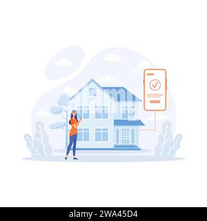 Home and house smart control remote wireless technology smartphone connection or internet distance surveillance automation app on mobile phone app, fl Stock Vector