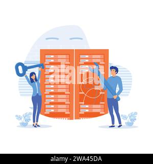 Server maintenance. Server Security. Showing the server is being maintained by a network administrator, flat vector modern illustration Stock Vector