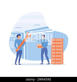 Data center. Service engineers administrators set up data centers, flat vector modern illustration Stock Vector