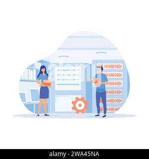 Data center. Business people in data center room. Data network management, flat vector modern illustration Stock Vector