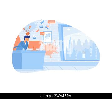 Information overload and data excess concept. Stressed person in info flood, reading multiple internet media, news and lot of online messages. flat ve Stock Vector