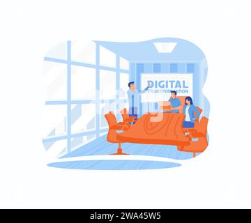 company staffs showing the boss the future direction of the company with Digital Transformation on white board cards, flat vector modern illustration Stock Vector