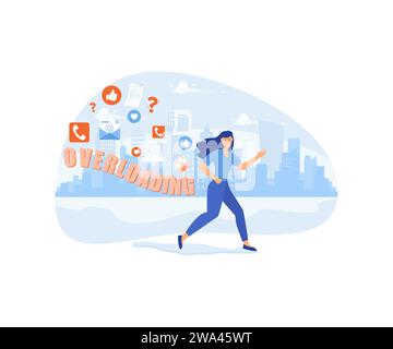 Overload information. Young woman running away from information stream. flat vector modern illustration Stock Vector