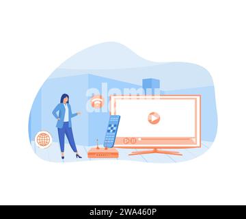 Smart tv. Tiny people watch video with remote control and television multimedia box. flat vector modern illustration Stock Vector
