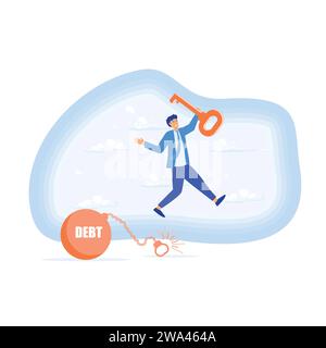 Debt Free. Happy businessman holding golden key after unlock debt burden chain, flat vector modern illustration Stock Vector