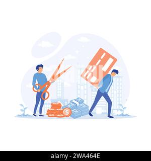 Cut debt. Showing a person trap in a credit card debt, flat vector modern illustration Stock Vector
