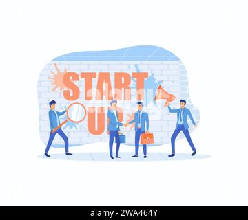 Business startup. Search money, contracting, promotion. Man with a magnifier, two people shake hands, a man with a loudspeaker, flat vector modern ill Stock Vector