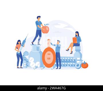 Diabetes poster with characters. Tiny people with diet food, diabetic medications and glucometers for sugar level blood test. flat vector modern illus Stock Vector
