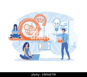 Scrum Framework, Team discussing tasks at Kanban board. Scrum meeting, conversation, working on laptop.flat vector modern illustration Stock Vector